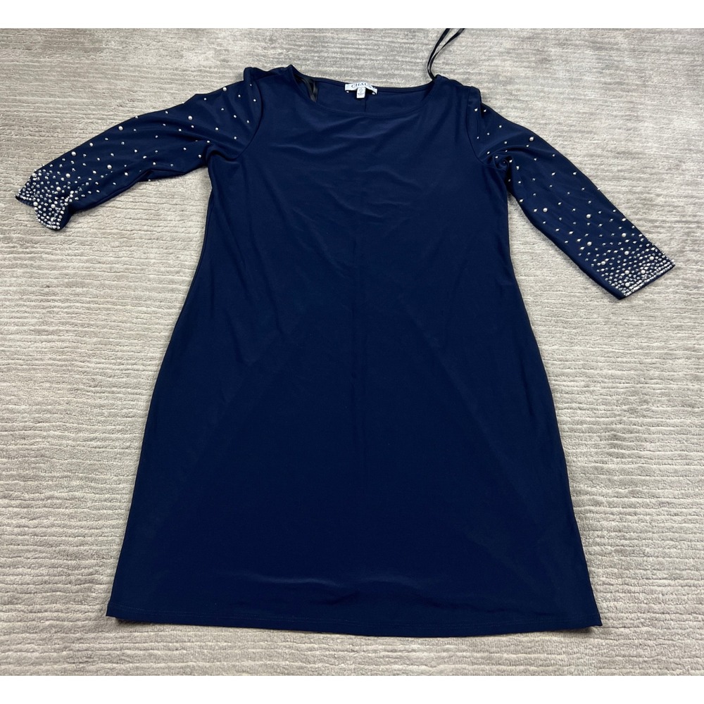 Chaus New York Navy Blue Pearl Rhinestone Embellished Sleeve‎ Shift Dress L
